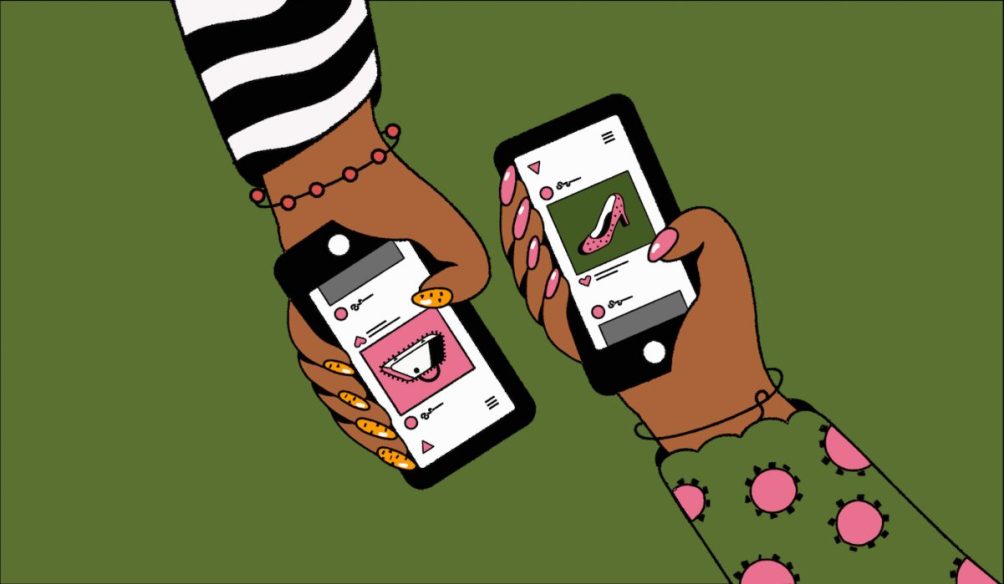 overhead shot of two women shopping on their phones