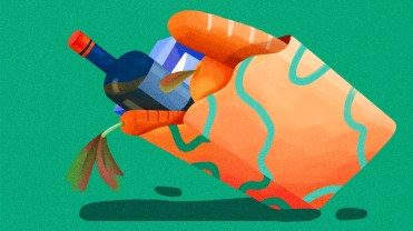 Orange grocery bag containing a carrot, apple, baguette, bottle of wine and milk carton on a green background