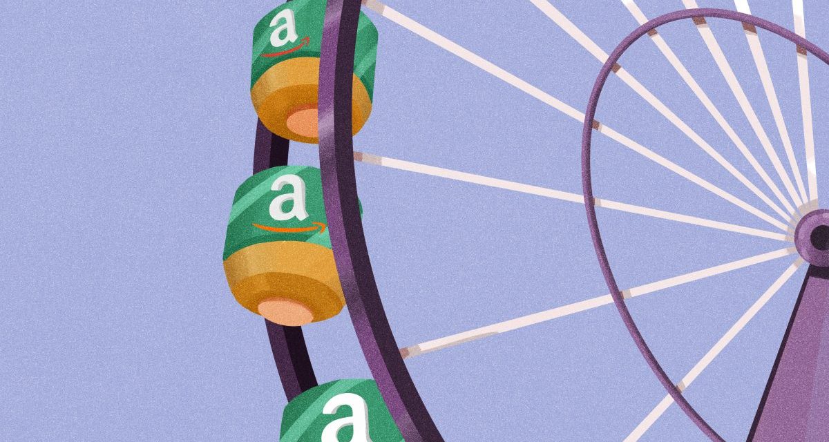 An Amazon-branded Ferris Wheel on a purple background