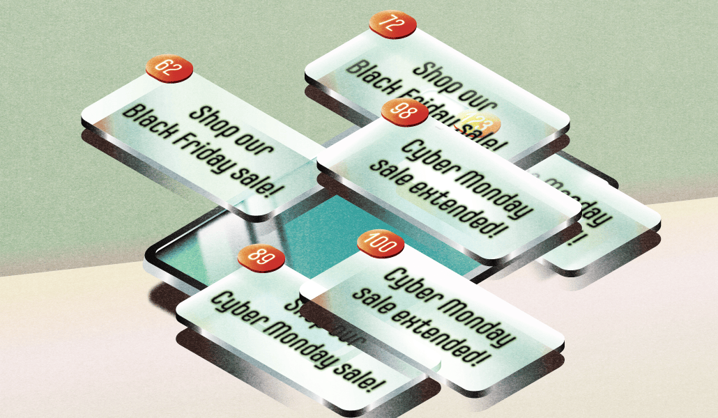 A mobile phone with a bunch of push notifications like "Shop our Black Friday sale!" and "Cyber Monday sale extended!"