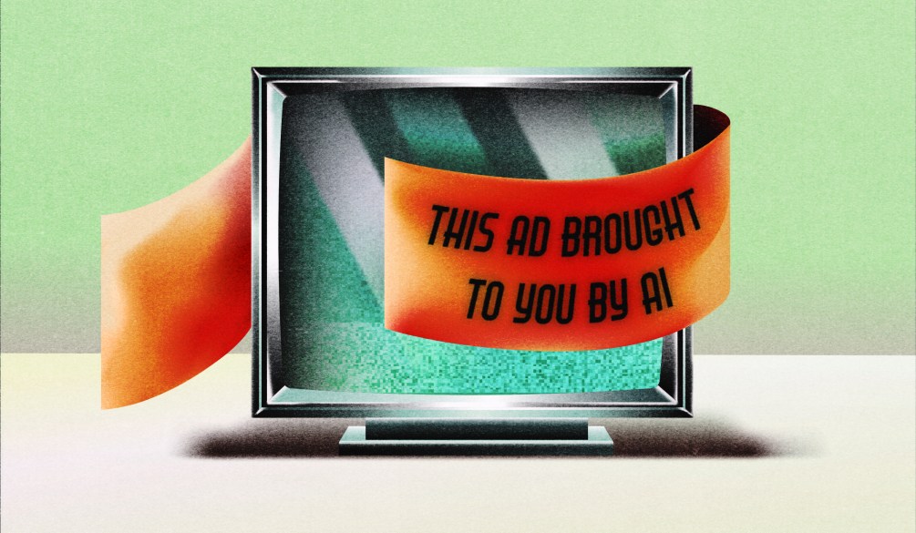 TV screen on a green and white background. A banner wraps around the TV that says "this ad brought to you by AI"
