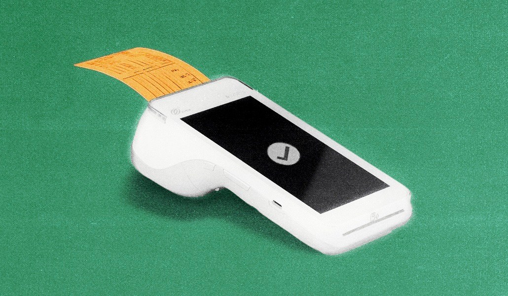 Graphic on a green background of a phone-shaped POS device printing a receipt with a checkmark, symbolizing seamless in-store commerce solutions and successful transactions.