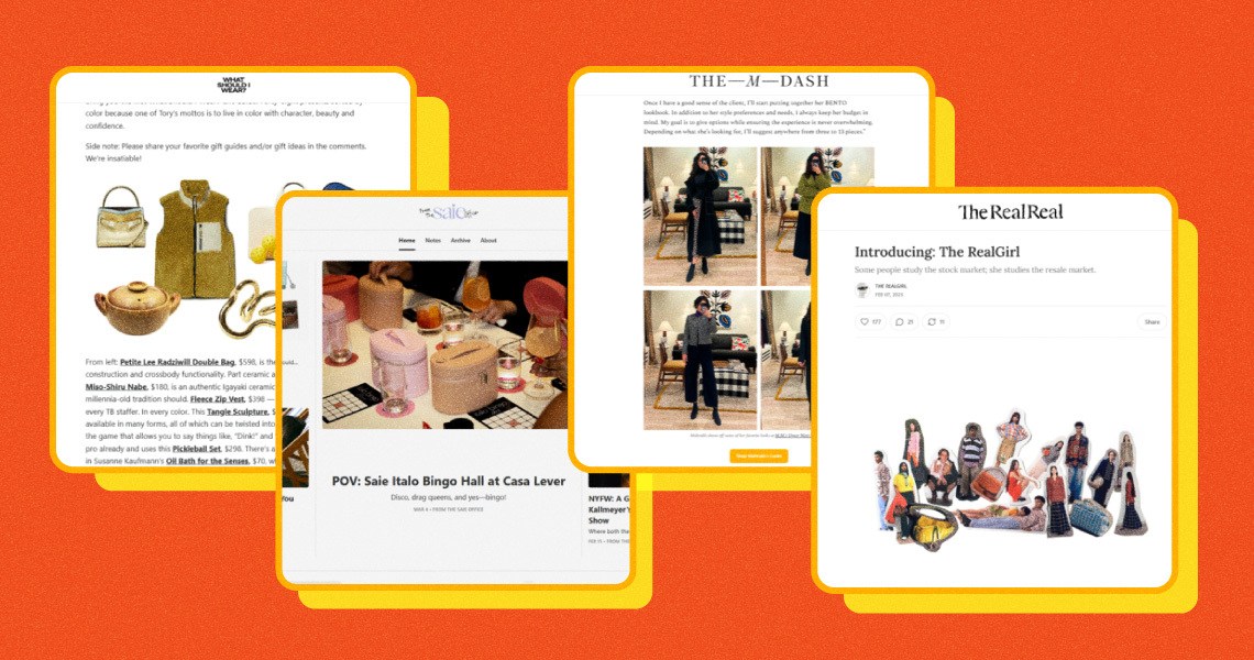 Screenshots of brands' Substack newsletters.