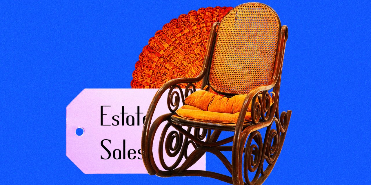 A rocking chair and a fan on a blue background, next to a pink tag that reads "estate sales"