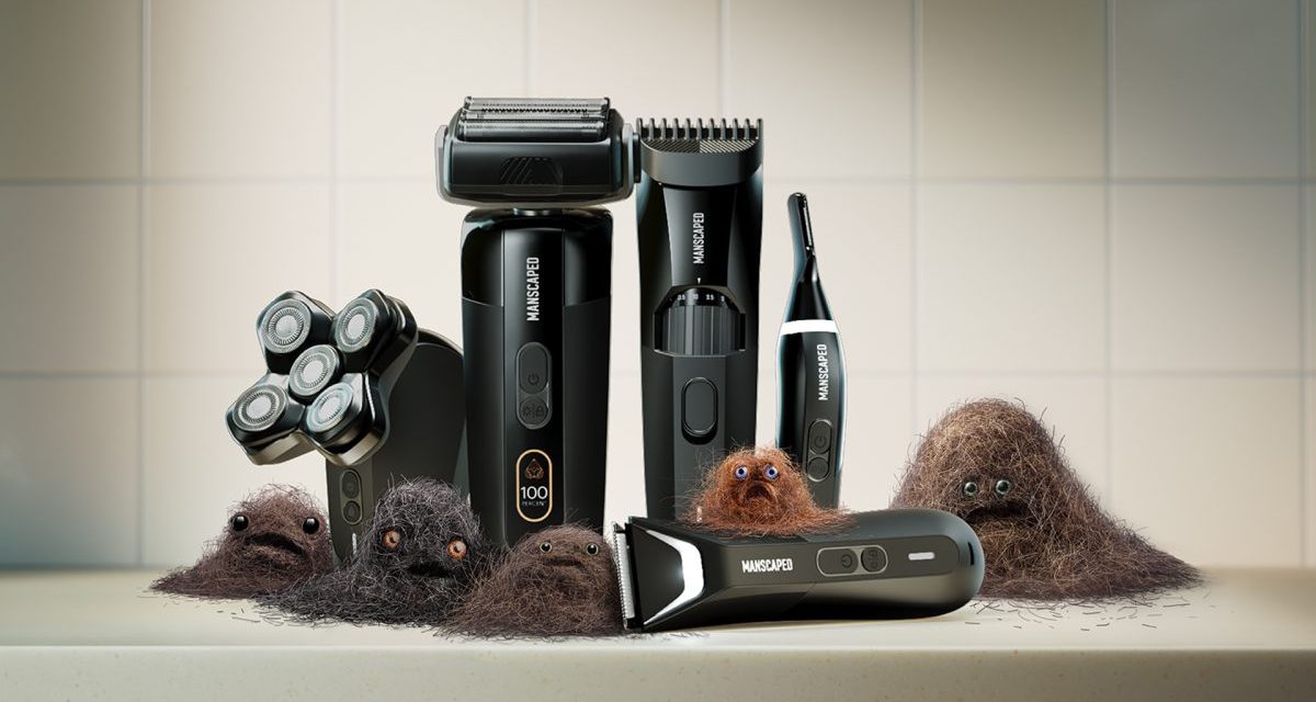 In a still from Manscaped's Super Bowl ad, electric shaving tools sit on a counter next to anthropomorphized clumps of hair